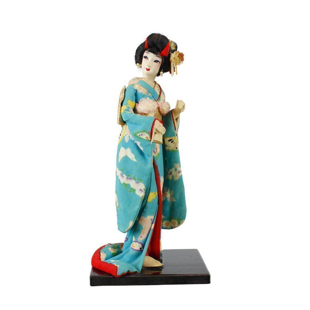 Vintage Japanese Geisha Doll Figurine in Traditional Turquoise Silk Crepe Kimono
